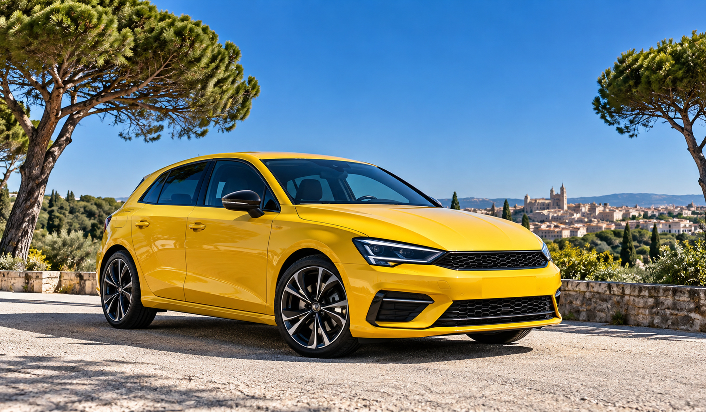 voiture jaune propre, ciel bleu et pins