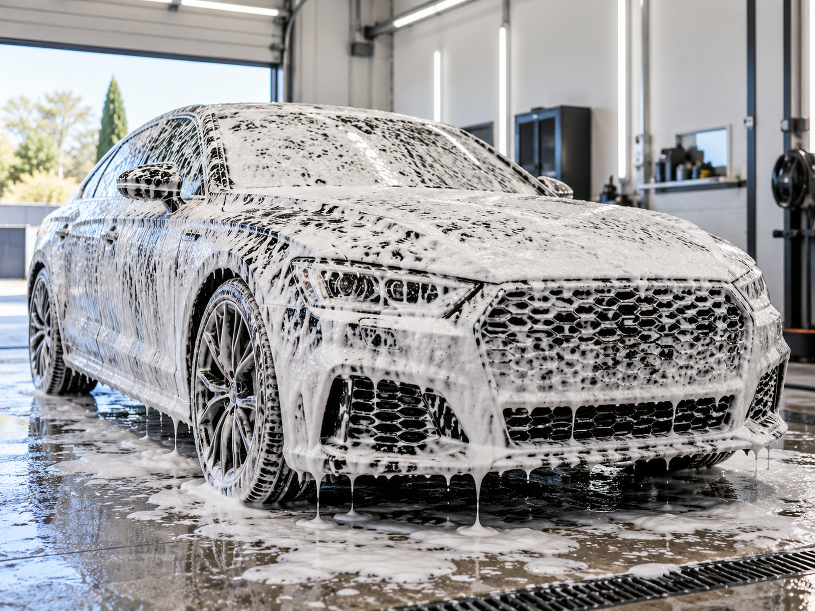 lavage mousse sur une voiture claire